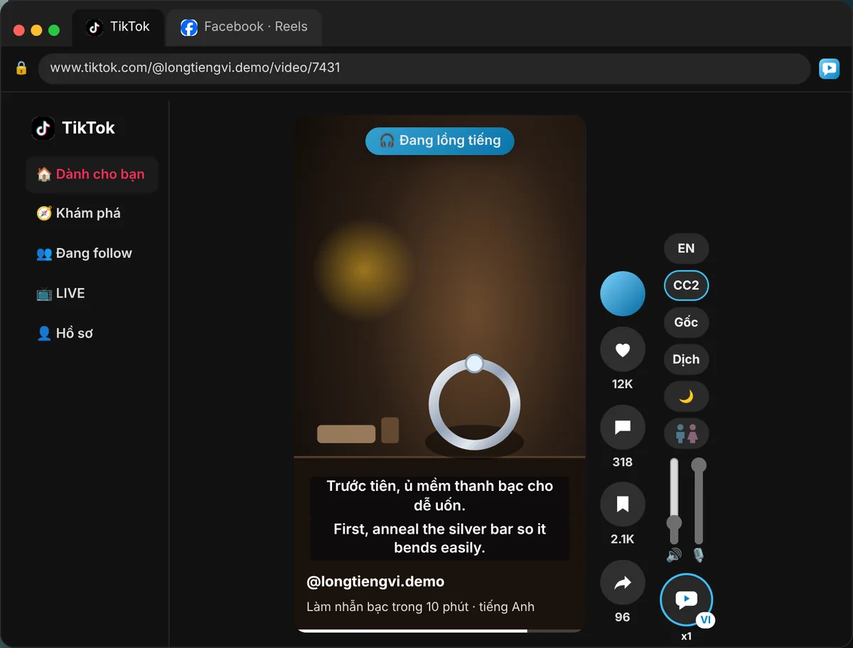 TikTok trên máy tính đang lồng tiếng Việt bằng Lồng Tiếng VI