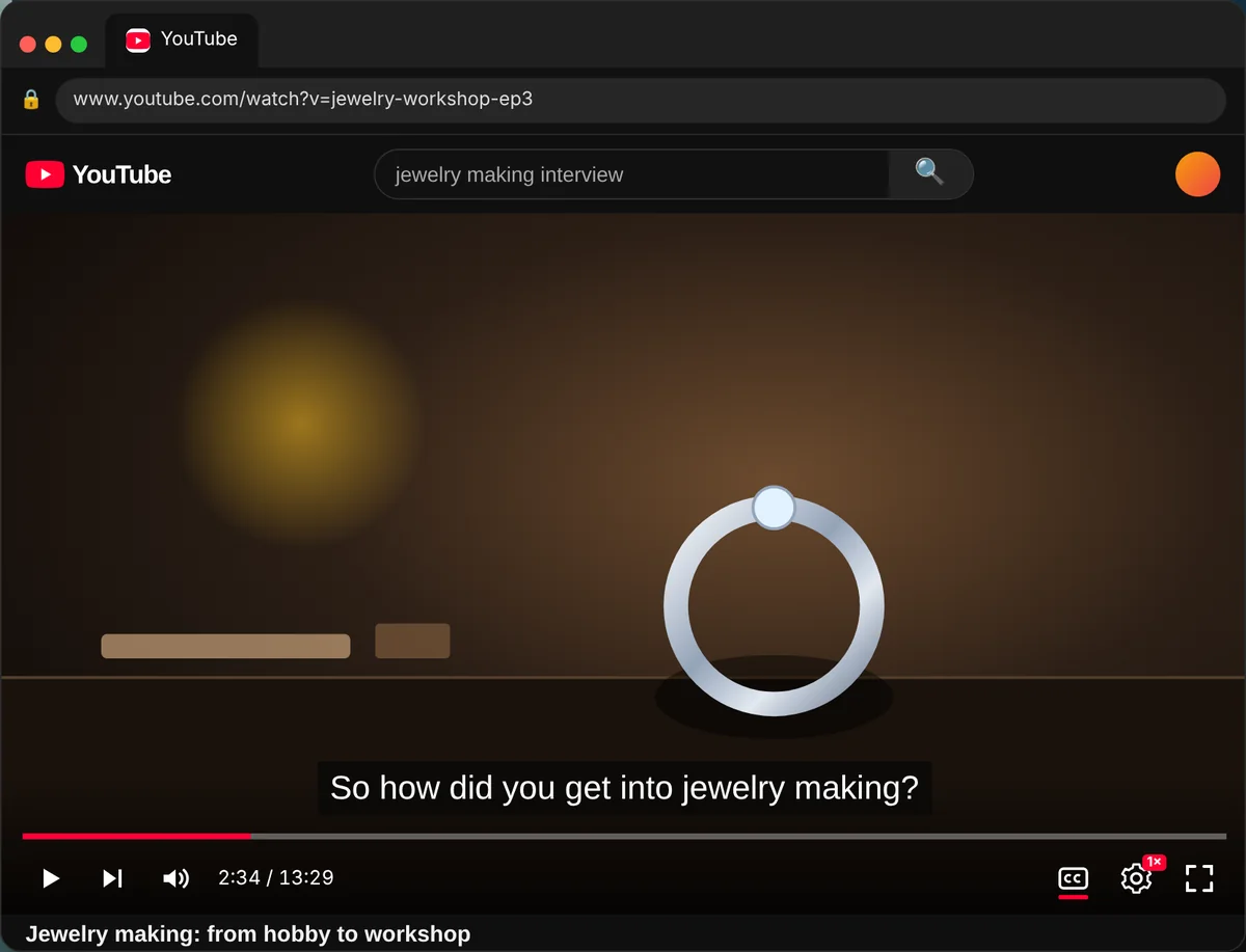 YouTube gốc, chưa cài tiện ích: chỉ có phụ đề tiếng Anh